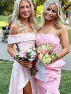 Blush Pink Off The Shoulder Crepe Prom Dress With Ruffled High Slit