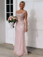 Blush Pink Square Neck Sequin Prom Dress With Satin Bow And Sheer Corset Bodice