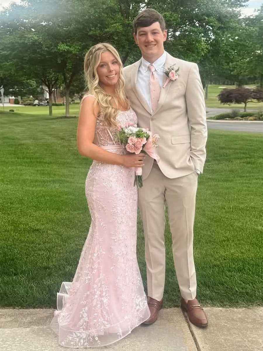 Blush Pink Square Neck Sequin Prom Dress With Satin Bow And Sheer Corset Bodice
