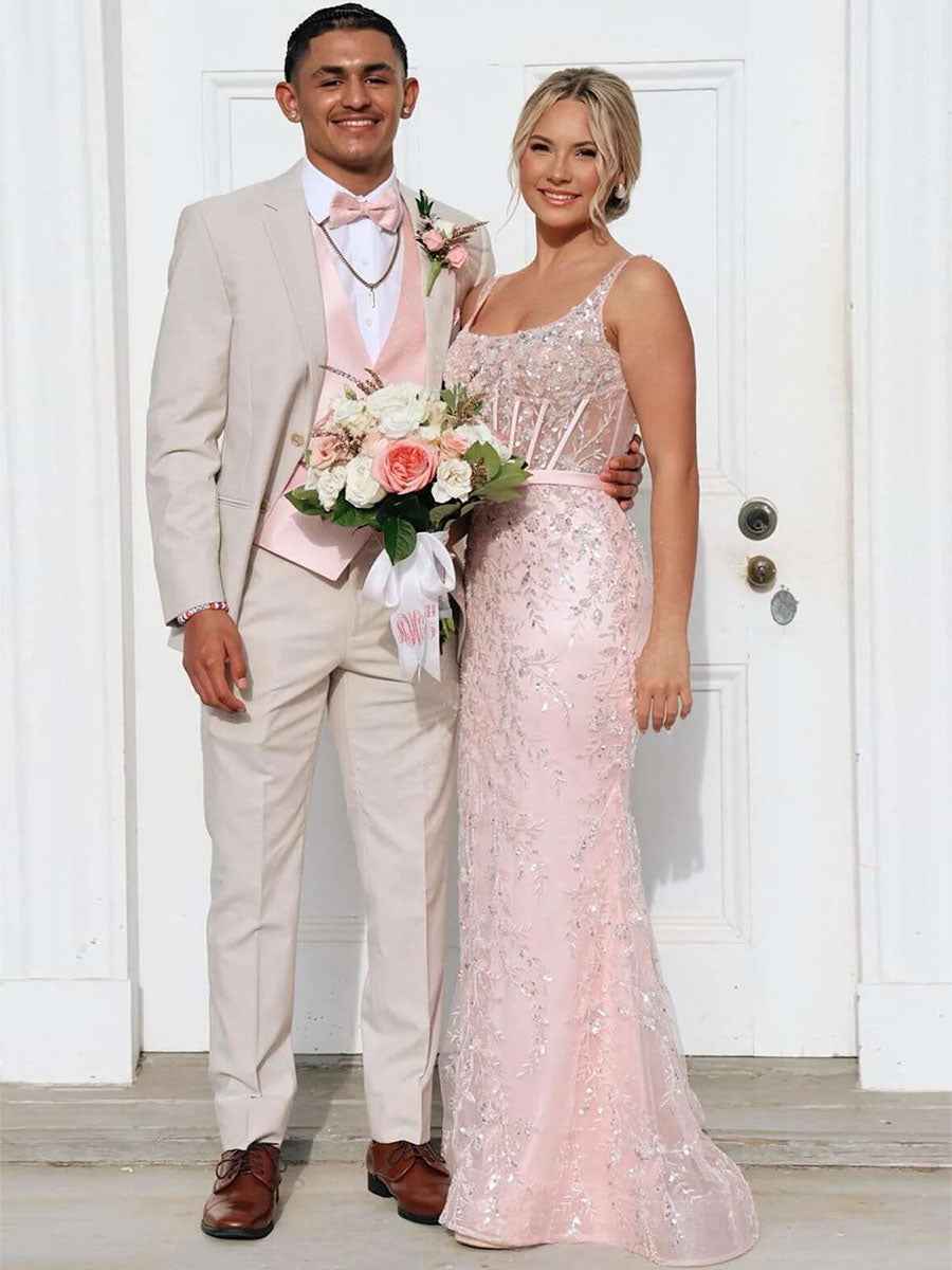 Blush Pink Square Neck Sequin Prom Dress With Satin Bow And Sheer Corset Bodice