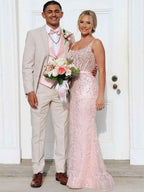 Blush Pink Square Neck Sequin Prom Dress With Satin Bow And Sheer Corset Bodice