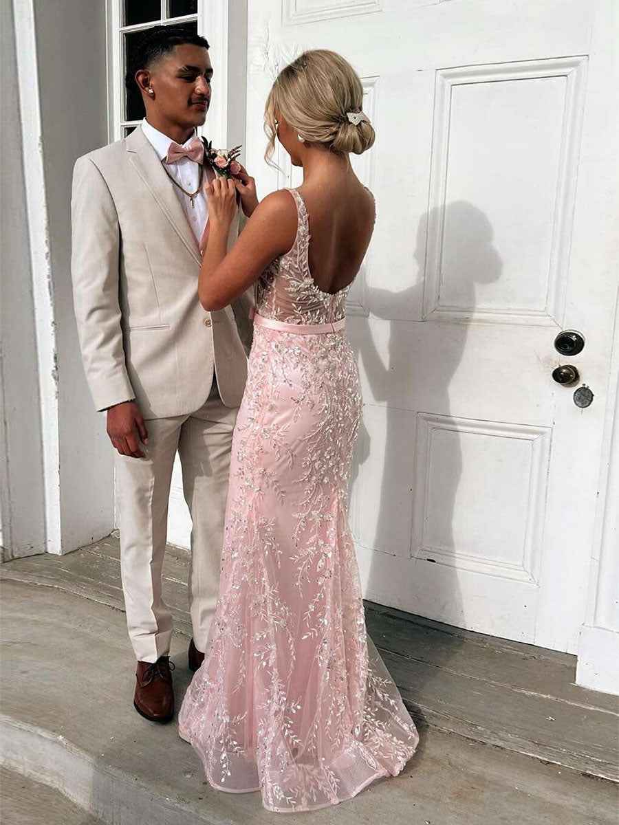 Blush Pink Square Neck Sequin Prom Dress With Satin Bow And Sheer Corset Bodice