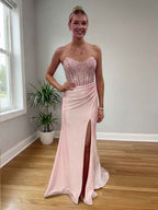 Blush Pink Strapless Corset Prom Dress With Thigh High Slit Beadwork