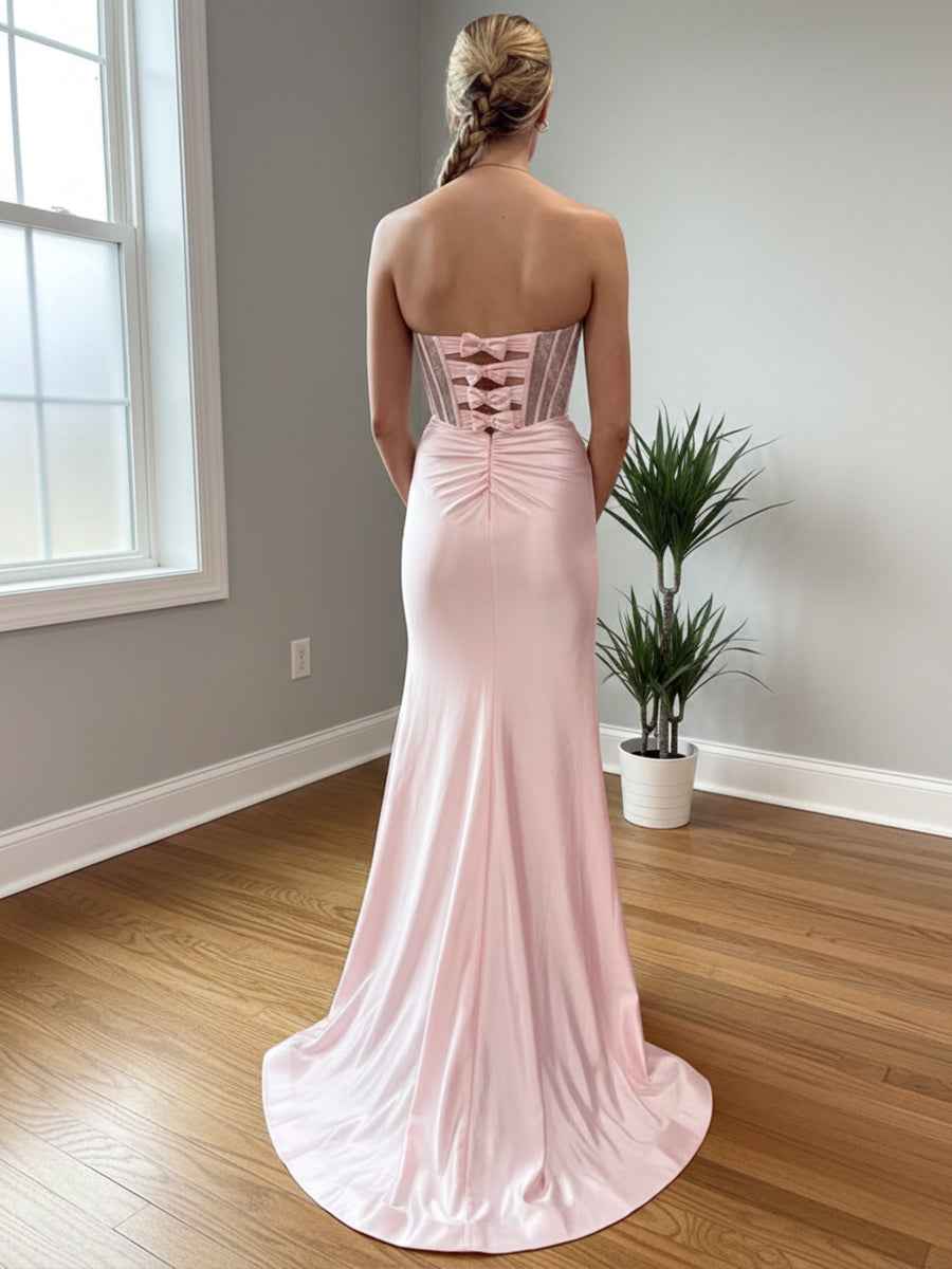 Blush Pink Strapless Corset Prom Dress With Thigh High Slit Beadwork