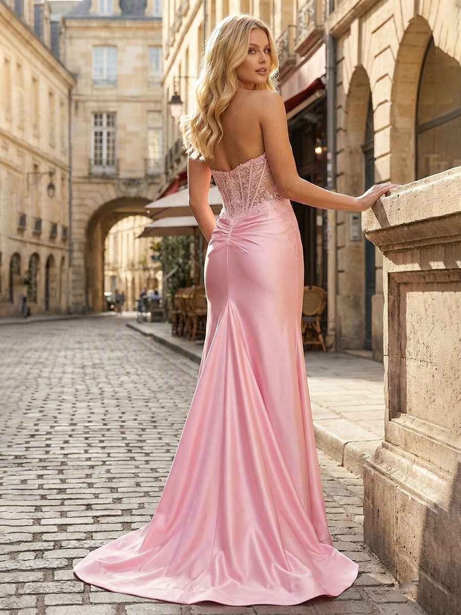 Blush Pink Strapless Lace Applique Corset Satin Prom Dress With Floral Bodice