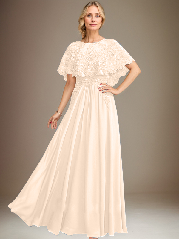 Robe de mère de la mariée en mousseline de soie à dentelle, longueur au sol, en ligne A, col bateau, ornée d'appliques à paillettes
