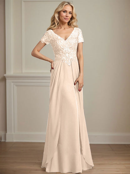 A-Linie V-Ausschnitt Bodenlanges Chiffon-Spitzenkleid für die Brautmutter