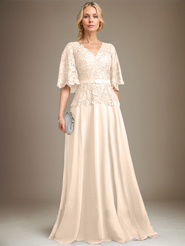 A-Linie V-Ausschnitt Bodenlang Chiffon Spitze Mutter der Braut Kleid Mit Kristall Brosche Strass 