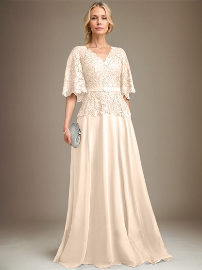 A-Linie V-Ausschnitt Bodenlang Chiffon Spitze Mutter der Braut Kleid Mit Kristall Brosche Strass 
