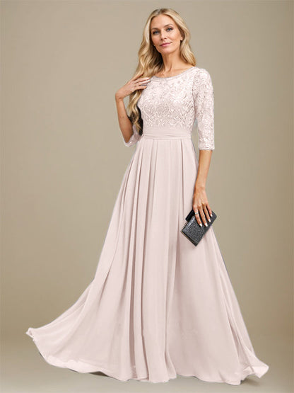 A-Linie U-Ausschnitt Bodenlang Spitzen-Chiffon-Kleid für die Brautmutter mit Paillettenapplikation 