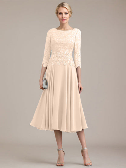 A-Linie U-Ausschnitt Wadenlang Chiffon-Kleid für die Brautmutter 