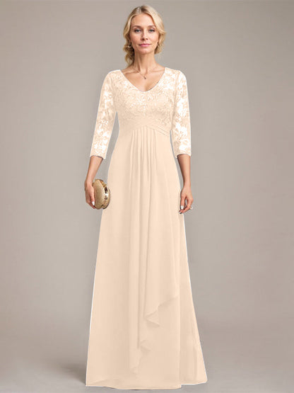 Vestido de madre de la novia de gasa con encaje, escote en V, largo hasta el suelo, con volantes en cascada y lentejuelas 