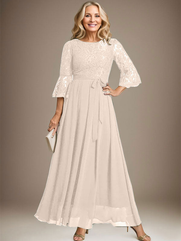 Robe de mère de la mariée en mousseline de soie à dentelle, longueur cheville, en forme trapèze avec encolure dégagée et nœud