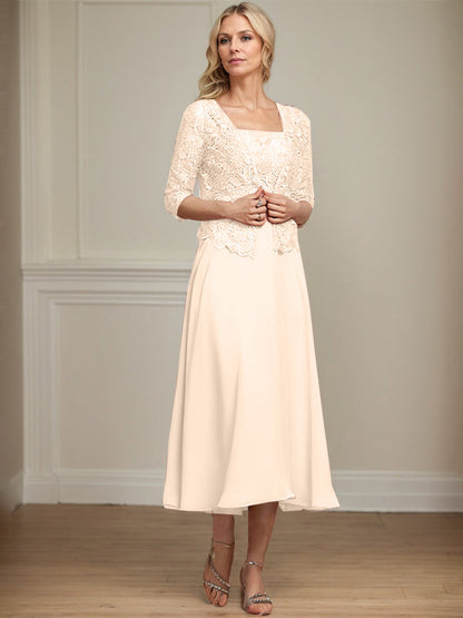 A-Linie Quadratisches Wadenlanges Chiffon-Spitzenkleid für die Brautmutter mit Pailletten und Perlen 