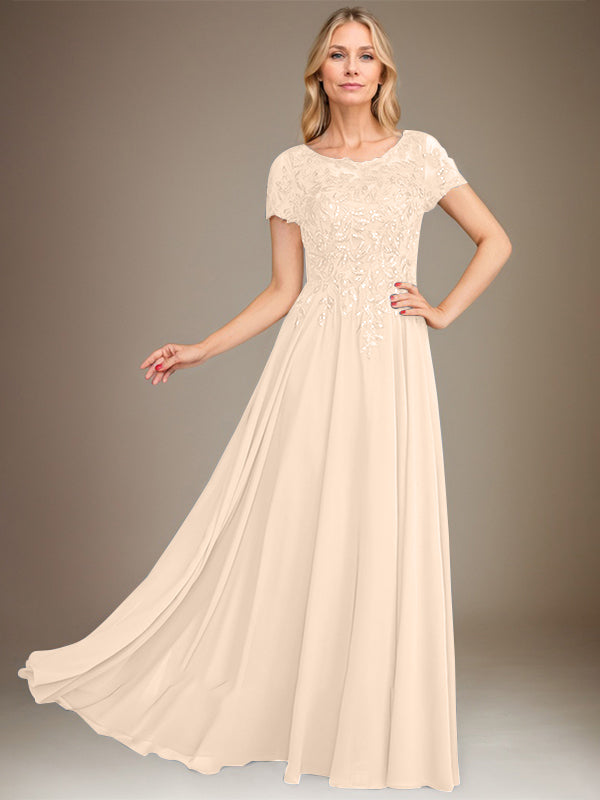 Robe de mère de la mariée en mousseline, longueur au sol, coupe en A, décolleté arrondi, ornée d'appliques et de paillettes