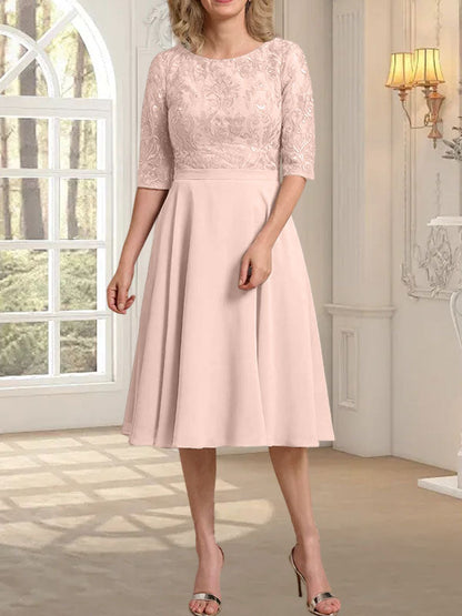 A-Linie U-Ausschnitt Knielang Chiffon Spitzenkleid für die Brautmutter