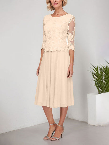 A-Linie U-Ausschnitt Wadenlang Spitzen Chiffon Mutter der Braut Kleid mit Stickerei 