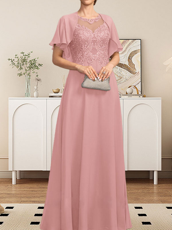 Robe de mère de la mariée en dentelle et mousseline, longueur au sol, coupe en A, décolleté illusion en forme de goutte, ornée de paillettes