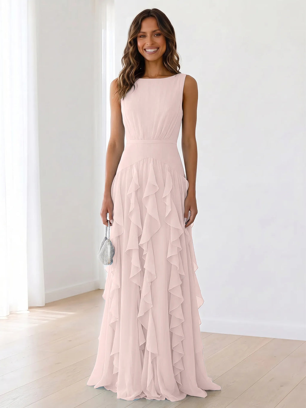 Sky Blue Tiered Chiffon Evening Maxi Dress With Ruched Bodice