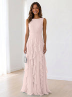 Sky Blue Tiered Chiffon Evening Maxi Dress With Ruched Bodice