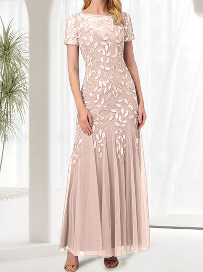Vestido largo de sirena azul con cuello redondo para madre de la novia con cuentas