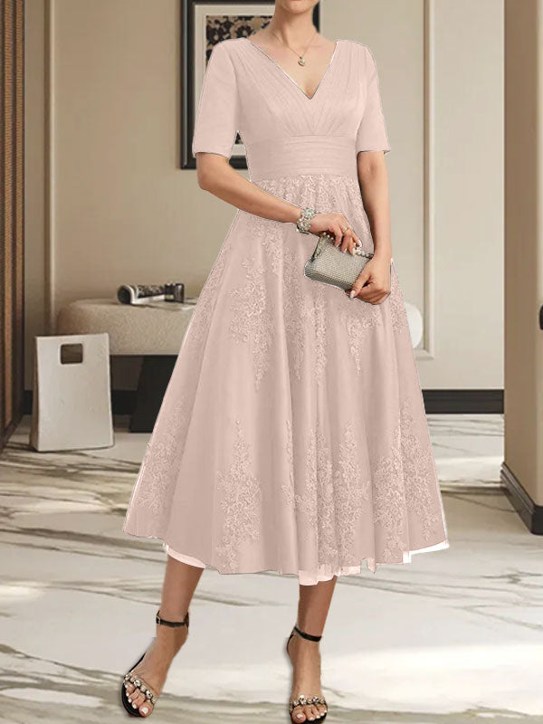 A-Linie V-Ausschnitt Wadenlanges Tüll-Spitzenkleid für die Brautmutter mit Plissee