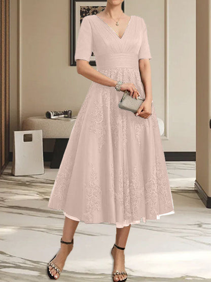 A-Linie V-Ausschnitt Wadenlanges Tüll-Spitzenkleid für die Brautmutter mit Plissee