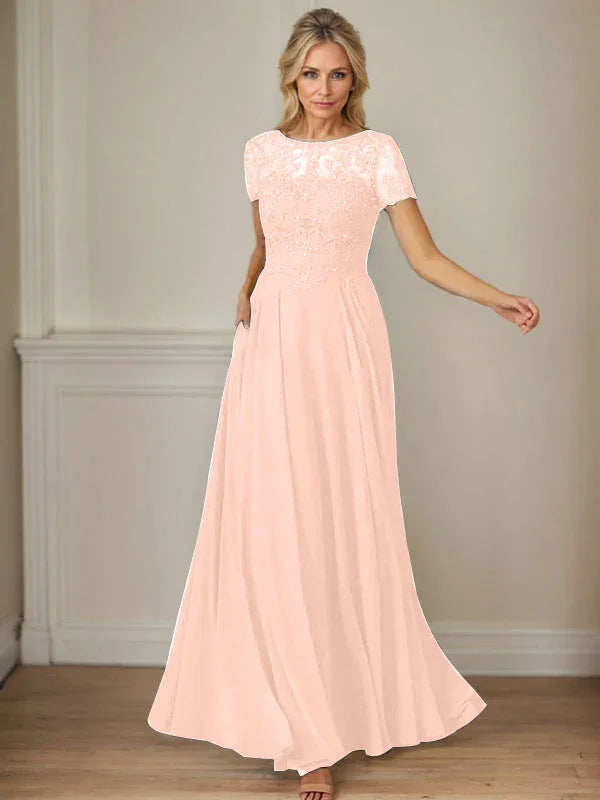 فستان شيفون كحلي داكن برقبة قارب وتطريز بالترتر على شكل حرف A