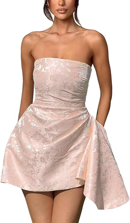 Robe courte de retour à la maison sans bretelles ni manches en satin jacquard, coupe en A, lacée asymétrique, robes de fête