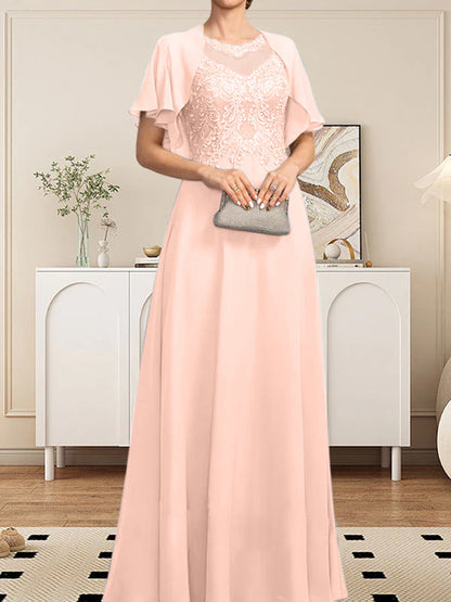 A-Linie, U-Ausschnitt, Illusion, bodenlanges Spitzen-Chiffon-Kleid für die Brautmutter mit Pailletten