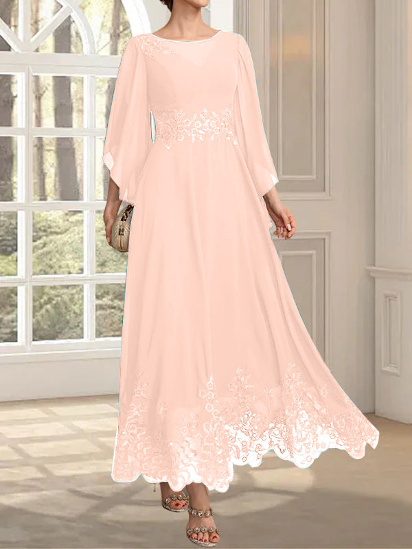 A-Linie, U-Ausschnitt, Illusion, knöchellang, Spitzen-Chiffon, Kleid für die Brautmutter mit Pailletten 