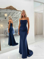 Navy Satin Long Prom Dress With Beaded Embellishments And Appliques