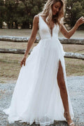 Bohemian A Line V Neck Lace Split Wedding Dresses with Appliques