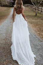 Bohemian A Line V Neck Lace Split Wedding Dresses with Appliques
