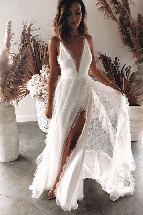 Bohemian A Line V Neck Lace Split Wedding Dresses with Appliques