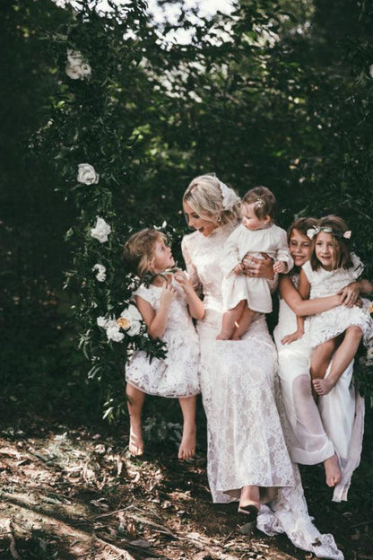 Boho High Neckline Long Sleeves Lace Wedding Dresses Rustic Wedding