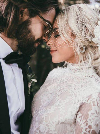 Boho High Neckline Long Sleeves Lace Wedding Dresses Rustic Wedding