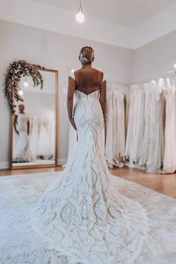 Boho Spitze Etui Sweep Zug Etui Strand Brautkleider