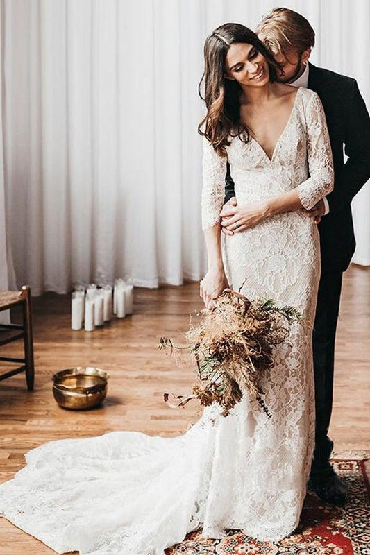 Boho Lace V Neck Mermaid Wedding Dresses With Court train
