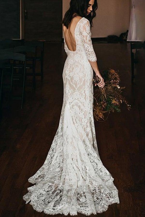 Boho Lace V Neck Mermaid Wedding Dresses With Court train