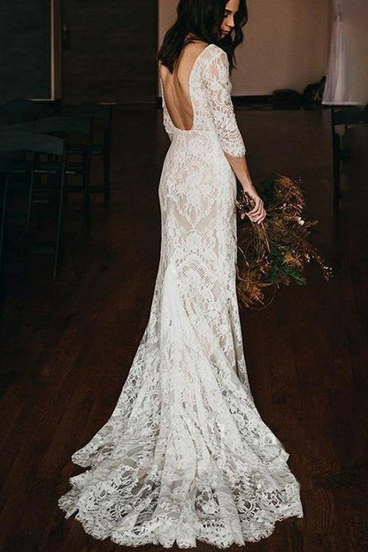 Boho Lace V Neck Mermaid Wedding Dresses With Court train