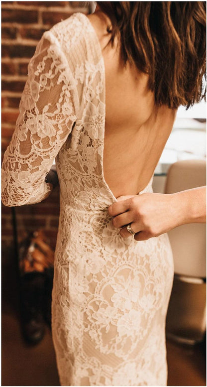 Boho Lace V Neck Mermaid Wedding Dresses With Court train