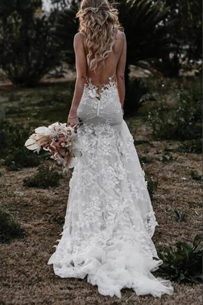 Boho Mermaid Wedding Dress Flower Appliques Deep V Neck Bridal Gown