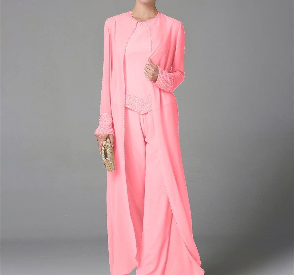 Mother Of The Bride Pantsuit With Jacket And Sequins Long Sleeve Chiffon