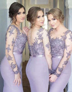 Lavender Lace Long Sleeves Bridesmaid Dress, Mermaid Wedding Party Dresses