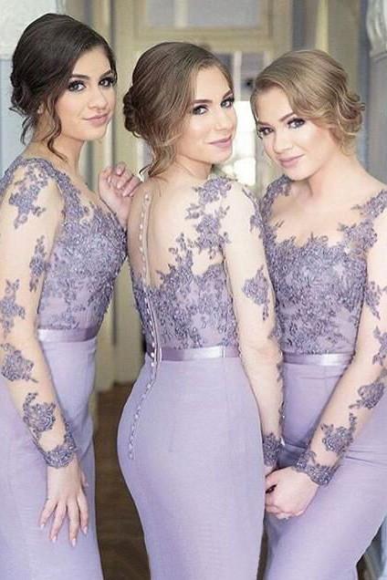 Lavender Lace Long Sleeves Bridesmaid Dress, Mermaid Wedding Party Dresses