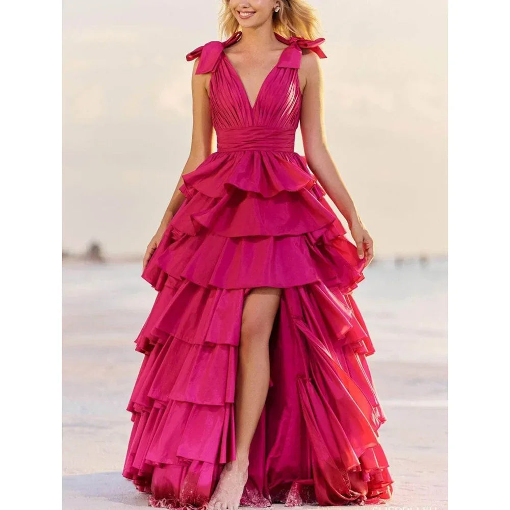 Abito da sera rosa rosa con scollo a V, senza maniche, con spacco, da donna, formale per festa o ballo di fine anno