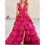 Abito da sera rosa rosa con scollo a V, senza maniche, con spacco, da donna, formale per festa o ballo di fine anno