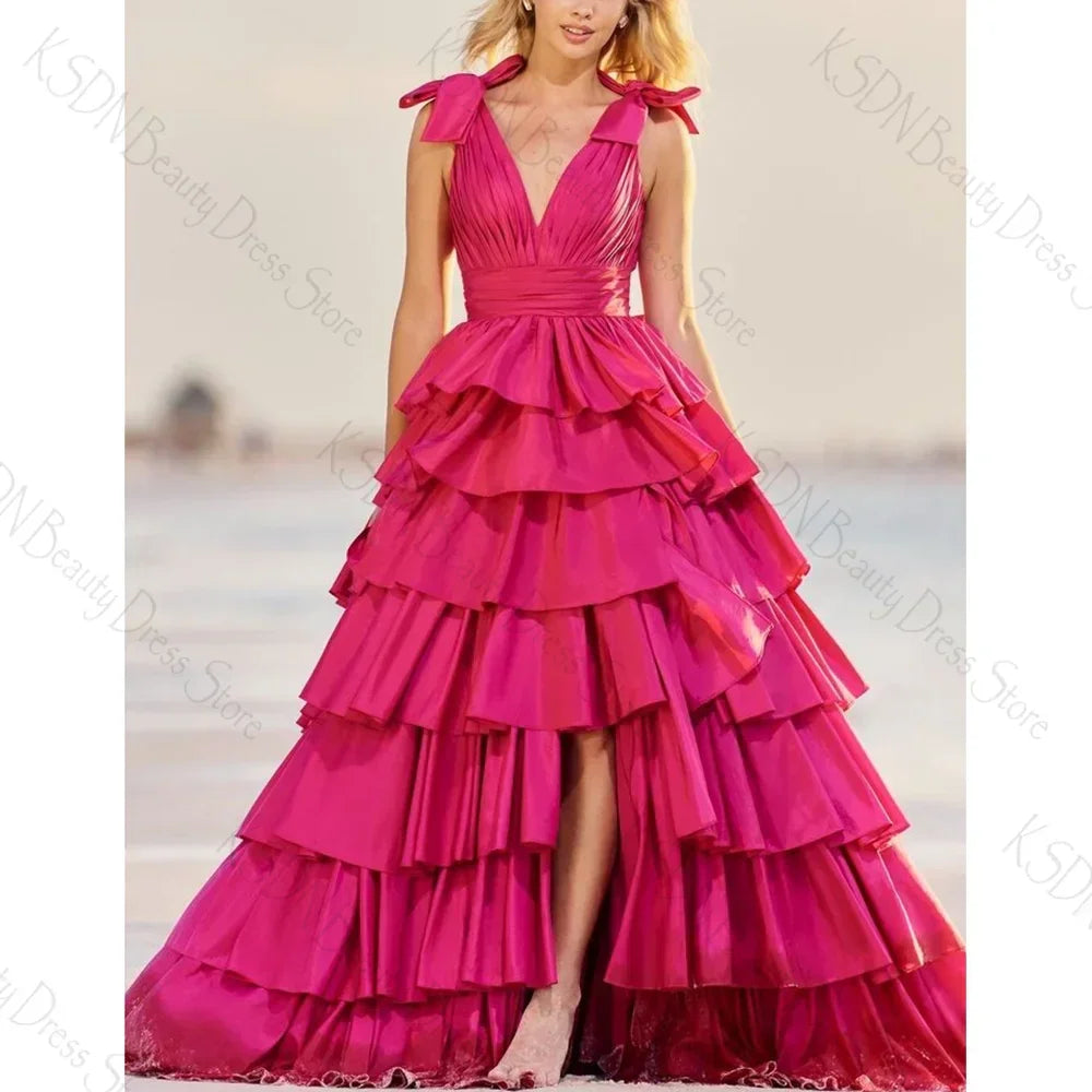 Abito da sera rosa rosa con scollo a V, senza maniche, con spacco, da donna, formale per festa o ballo di fine anno