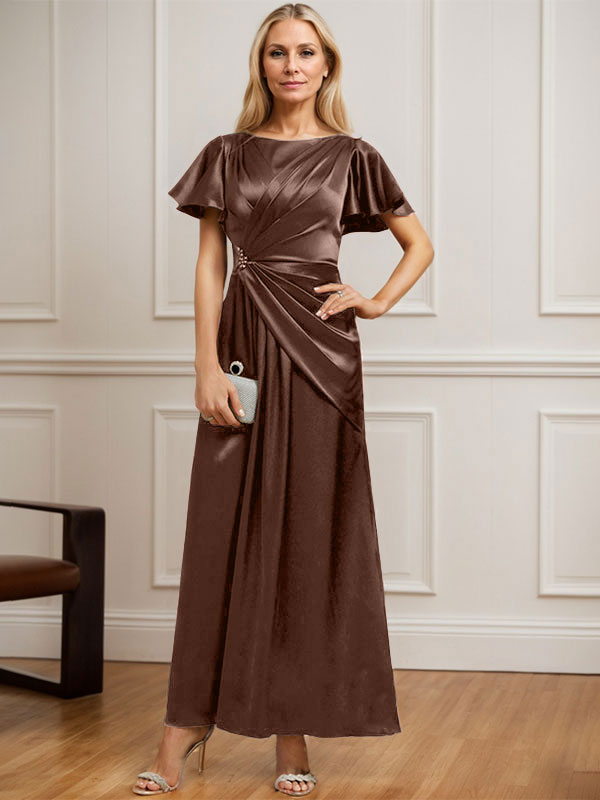 Robe de mère de la mariée en satin extensible, longueur cheville, en ligne A, décolleté arrondi, ornée de perles plissées